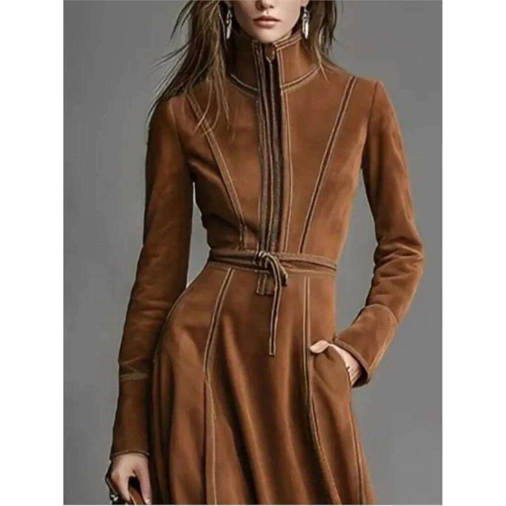 Elegant Retro Solid Suede Lace Up Dresses Woman Stand Collar Zipper Slim A-line Sleeve Pocket High Street Long Dress XJ260225