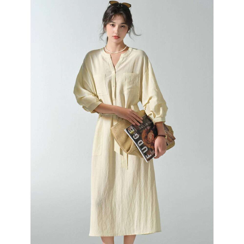 Women Elegant V Neck Shirt Lady Relaxed Tie Waist Midi Dress Casual Early Spring Long Sleeve Commuter Outfit Daily Wear XJ260225