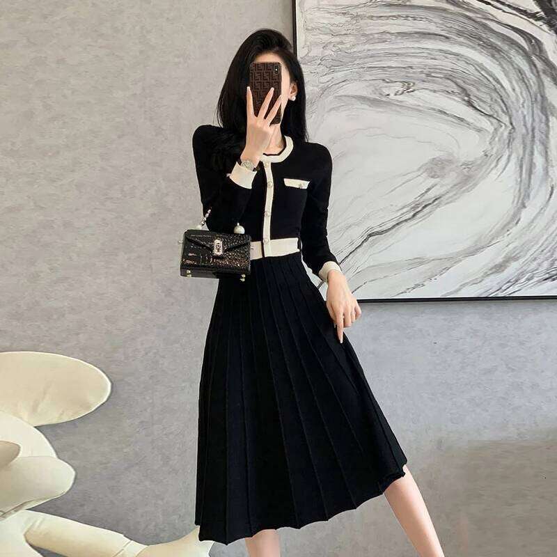 2026 New Autumn Winter O-neck sleeved knitted Pockets single breasted high waisted A-line long sweater Dress XJ260225