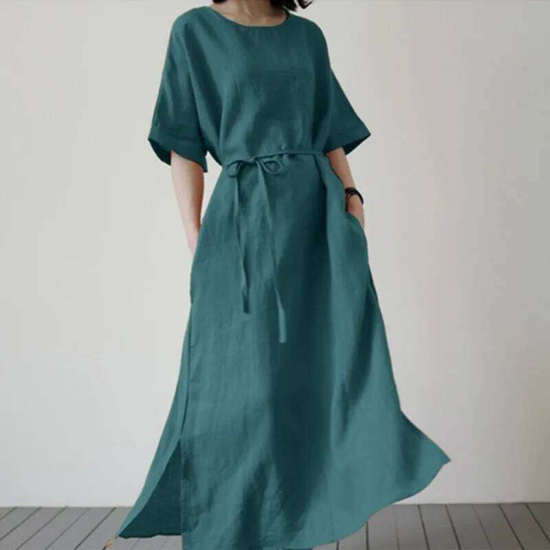 Women's Long Fashion Slit Hem Sundress Elegant Short Sleeve Casual Belt Cotton Linen Dress for Women XJ260225