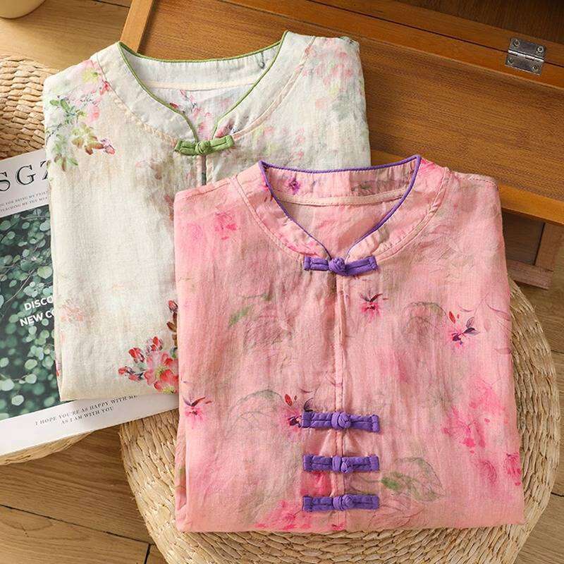 Designer Clothing Ramie Women's Top, Summer New Chinese-Style Improved Shirt, Vintage Stand-Up Collar, Buttoned Pullover, Three-Quarter Sleeve Bl