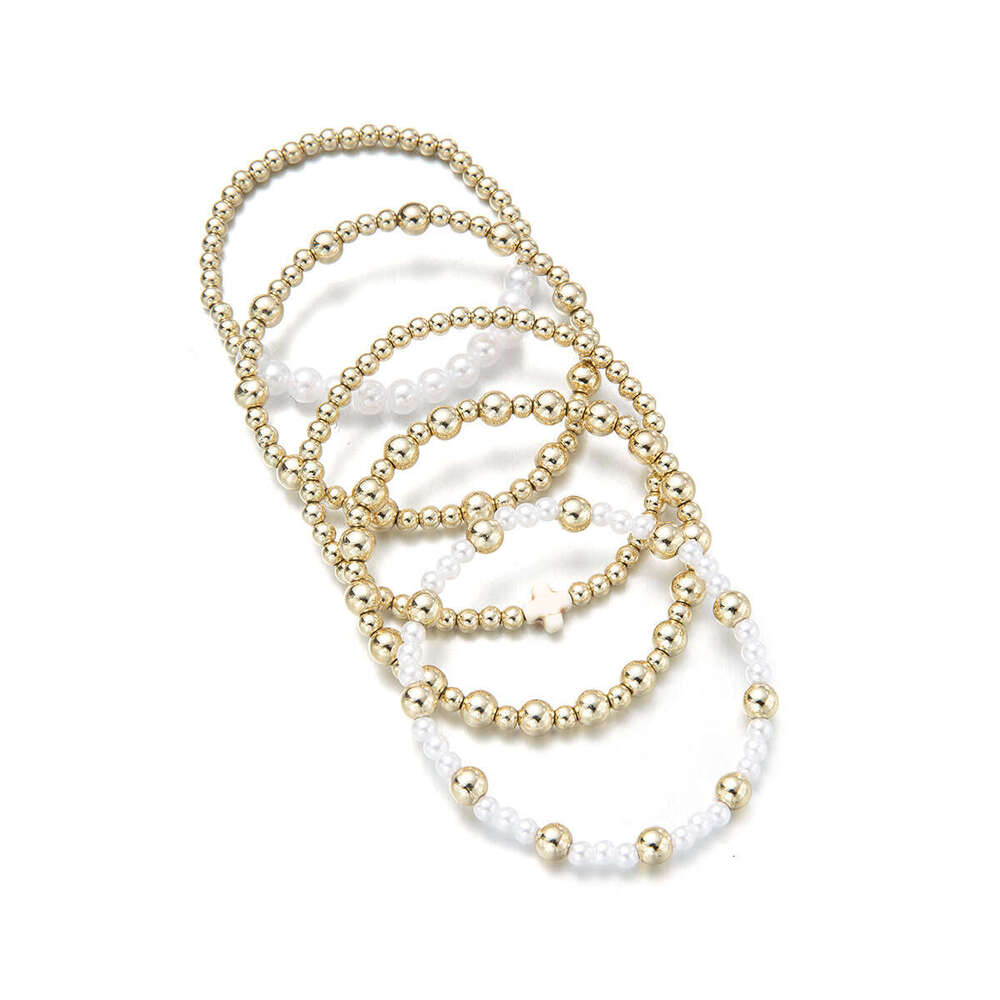 Designer jewelry Charm Bracelet Gentle Pearl and Metal Bead Set for Women Strand Stacking Bracelet Pearls Interlaced with Gold Beads Cross Decoration 