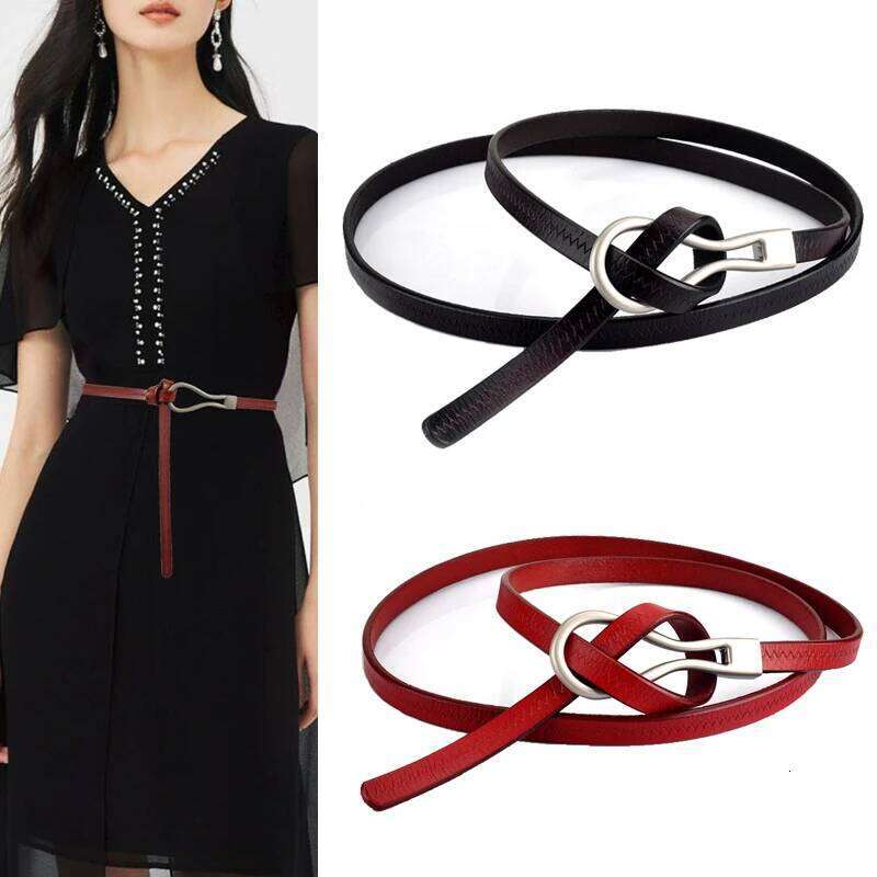 Simple women's genuine leather knotted thin belt with skirt coat tight waist luxury decoration Y260225