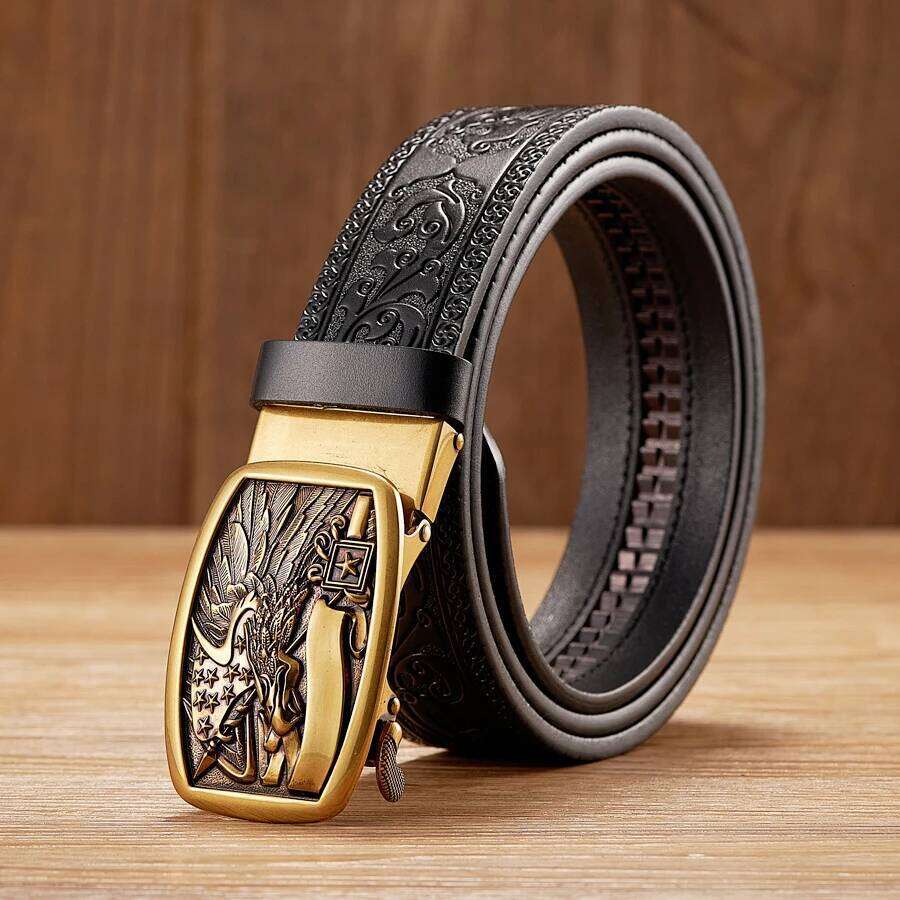 3.5cm New Eagle Pattern Split Quality Alloy Automatic Buckle Wasitbad Strap Genuine Leather Gift Belt Men Y260225