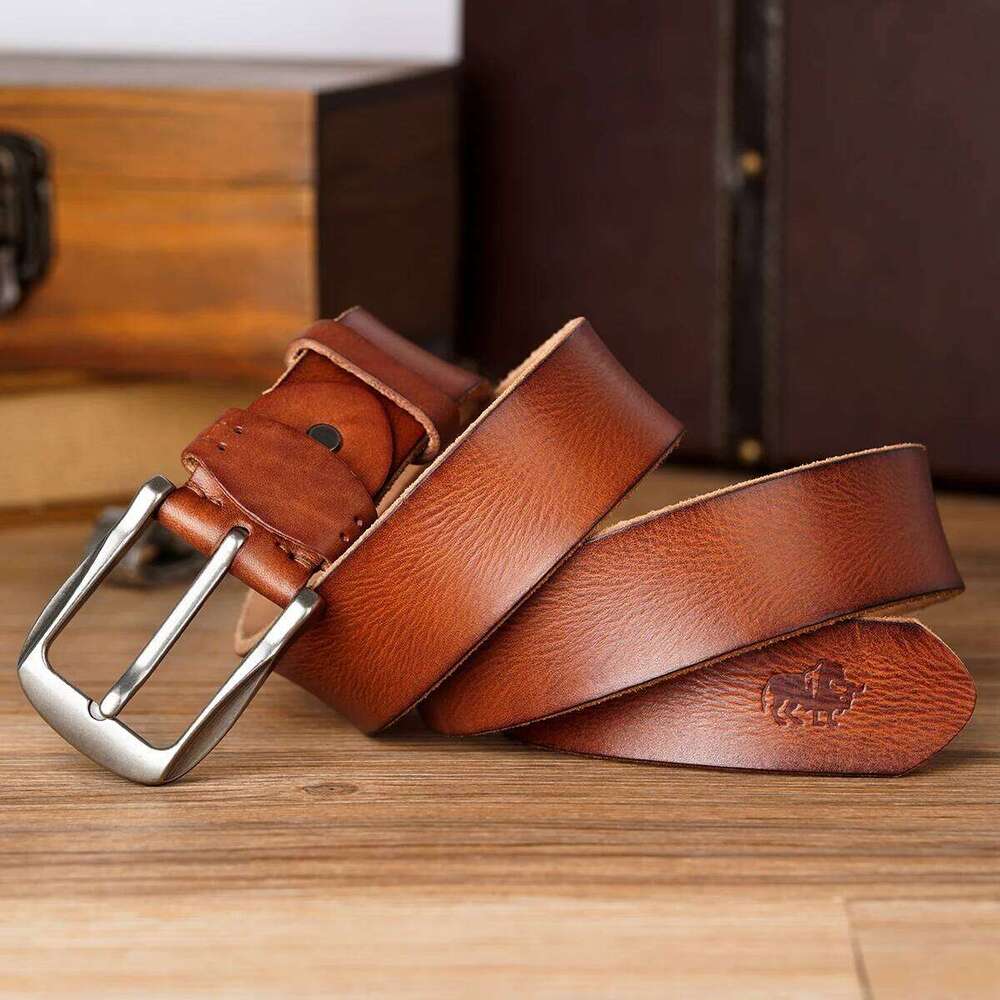 BISON DENIM Vintage Cowskin Leather Men's High Quality Pin Buckle Fancy Waist Strap Belt for Jeans Ideal Gift Y260225