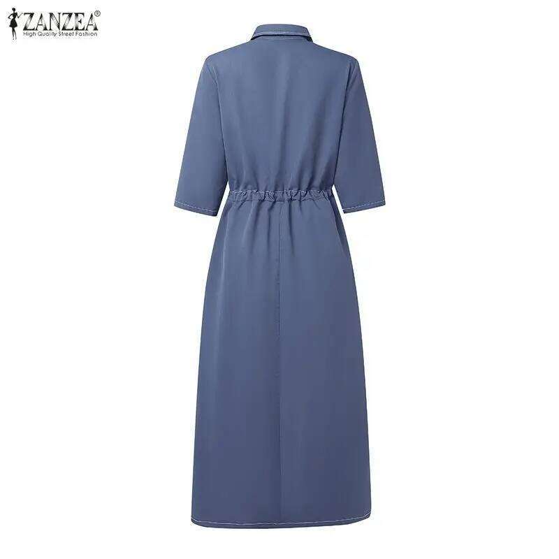 Fashion Contrast-Stitch Long Dresses Women's Turn-Down Collar Short Sleeve Half Buttons Cinch-Waist Shirt Dress ZANZEA Woman XJ260225