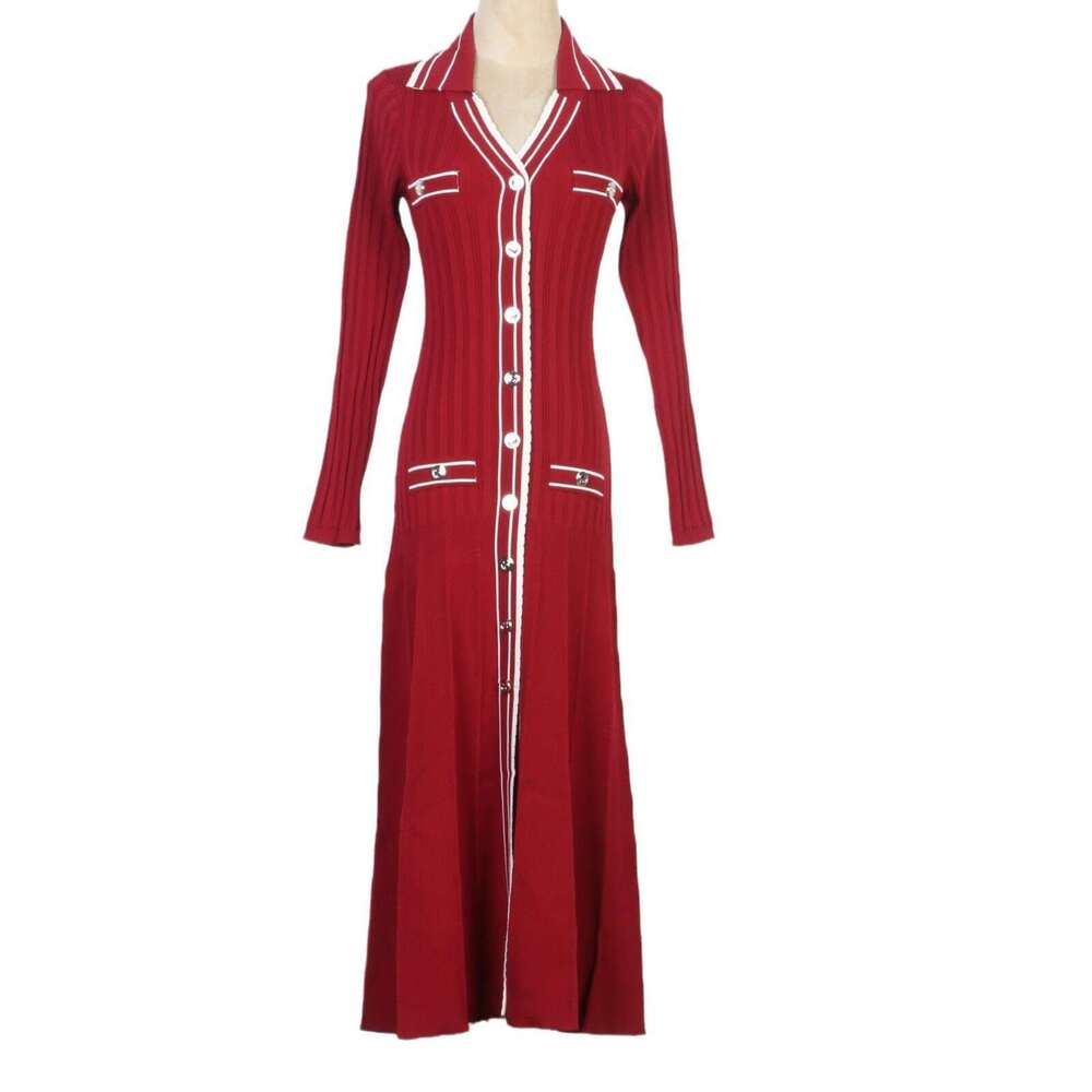 2026 French style autumn and winter new item collar single E29 breasted knitted slim and elegant A-line long skirt