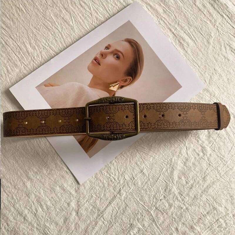 Y2K Retro Pu Embossed Belt American Vintage Leather Waistband Punk Brown Waist Deco Belts Unisex Streetwear Fashion Accessories Y260225