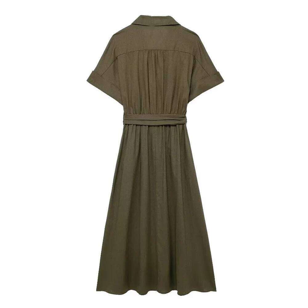 2024ZAR Summer New Women's Wear European and American Fashionable Minority Linen Blended Midi Shirt Style Dress XJ260225