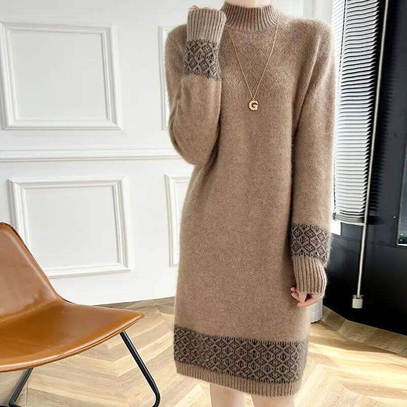 Trench Neck Wool for Women 2025 Autumn and Winter New Loose Temperament Knitted Versatile Elegant Dress XJ260225