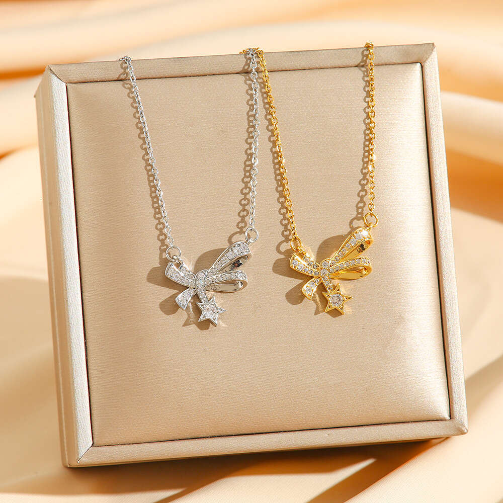 Fairy Girl Bowknot Titanium Steel Necklace Plated With 18K Sparkling Zirconium Diamond Light Luxury Meteor Goddess Clavicle Chain