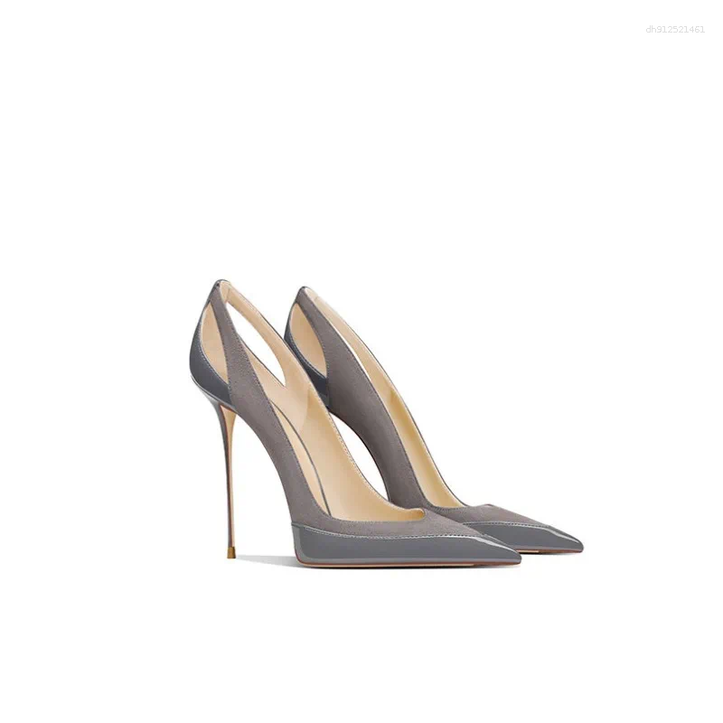 Dress Shoes Grey Patent Leather Stitching Design Niche French Style 2026 Autumn Pointed Toe Thin Heel High Heels Women's