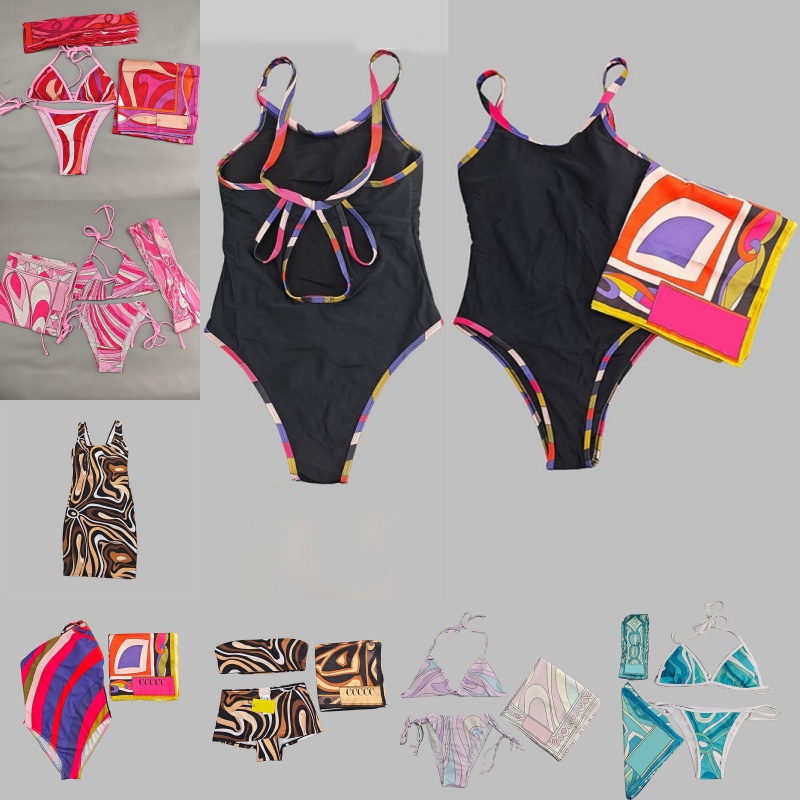 Designer Mixed Prints Bikinis Swimwear Scarf Headband Women Sexy Halter Padded Split Swimsuit Sarong Summer Beach Vacation Yacht Pool Party Resort Outfit