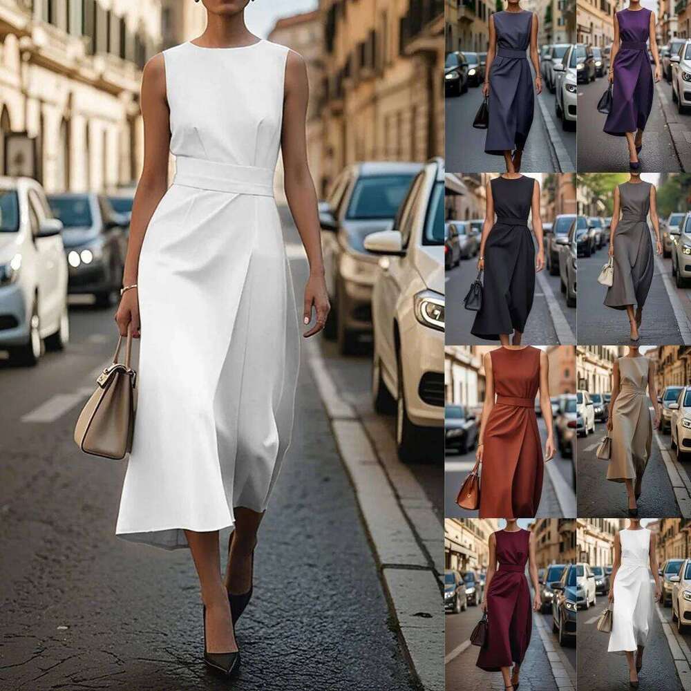 Euro-American cross-border summer solid color sleeveless round neck fashion casual belted long dress for women XJ260225
