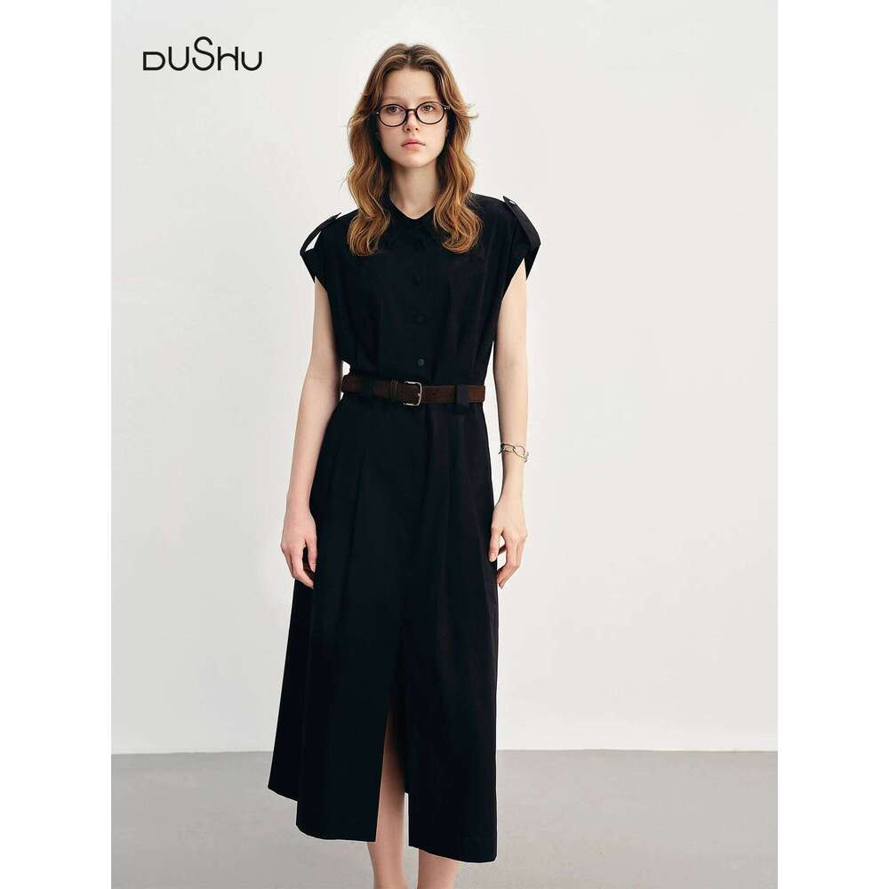 DUSHU Summer 2025 Sleeveless Shirt Dress - Drop Shoulder Tucked Pleats Draped Waist Flattering Cut Office to Outing XJ260225