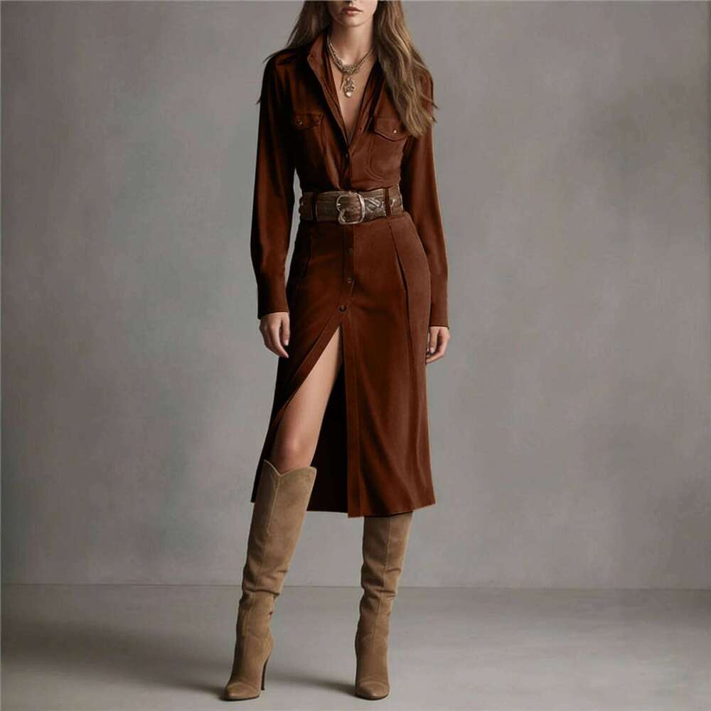 Solid Color Suede Temperament Mid Length Buckled Shirt Collar With Waistband Spring And Autumn Women'S Dress XJ260225