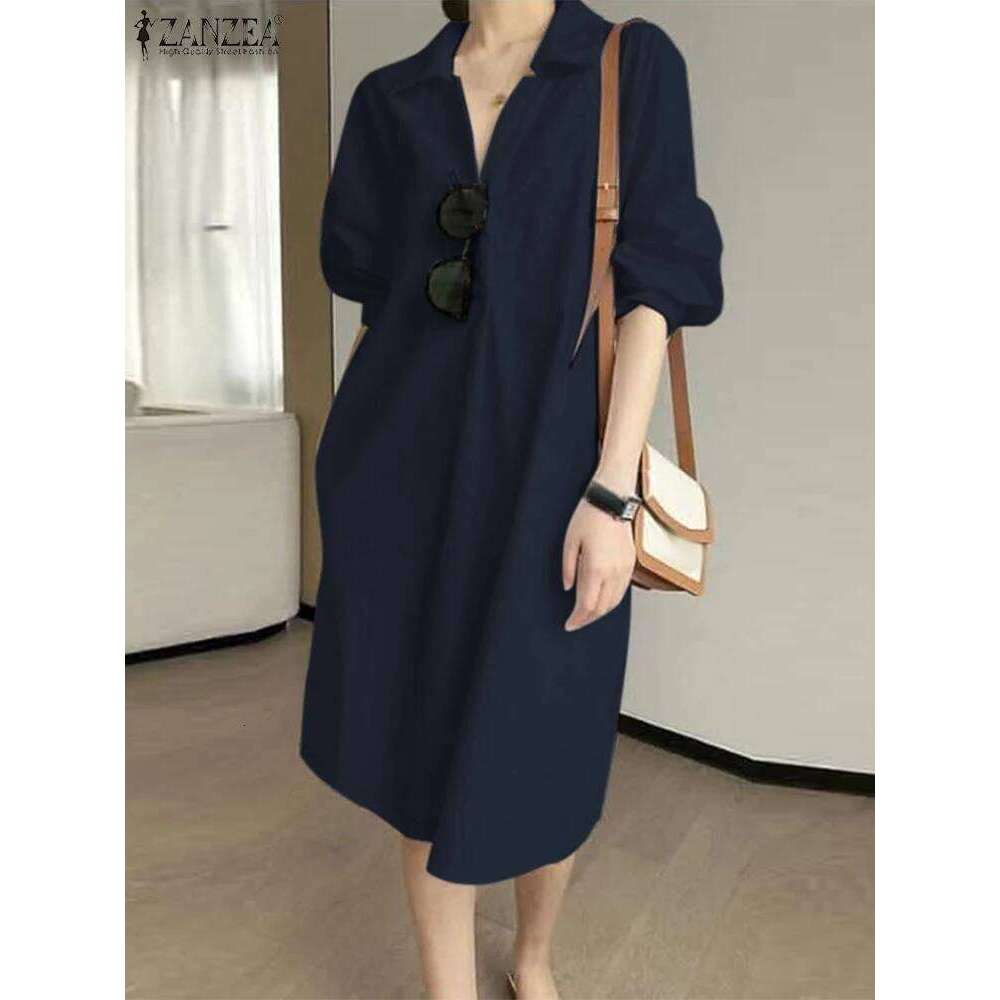 Autumn Spring Shirt Dress ZANZEA Fashion Women Lapel Neck Office Work Dresses Elegant 3/4 Sleeve Midi Sundress Holiday Vestidos XJ260225