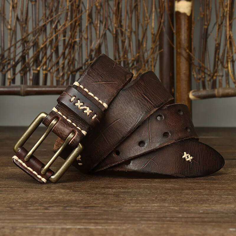 3.8CM Men's Retro Vintage Real Genuine Leather Double Needle Buckle Classic Hole Jeans Belt Cowboy Strap Y260225