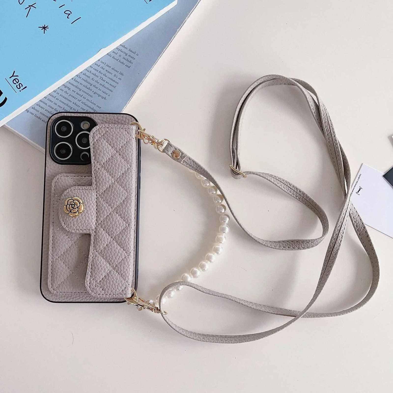 Pearl Chain Dual Strap Camellia Leather Phone Case | Card Holder Protective Cover for iPhone 14 15 16 17 Pro Max PlusT260225
