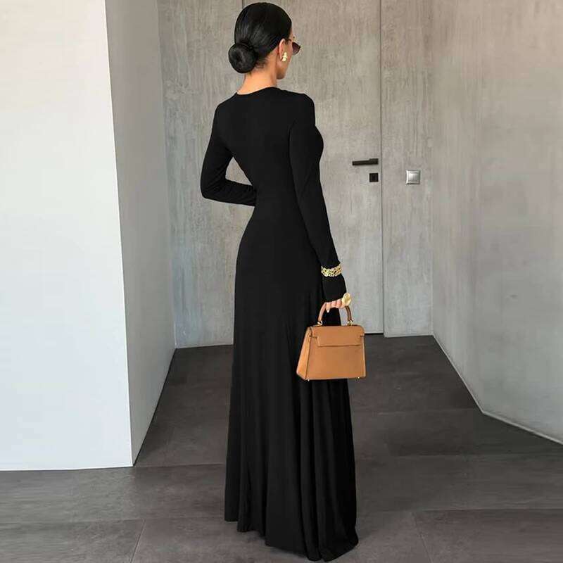 Elegant Retro Minimalist Round Neck Long Sleeve Dress Women High Waist Slim Fit Maxi A Line Skirt Vintage Chic Aesthetic Street XJ260225
