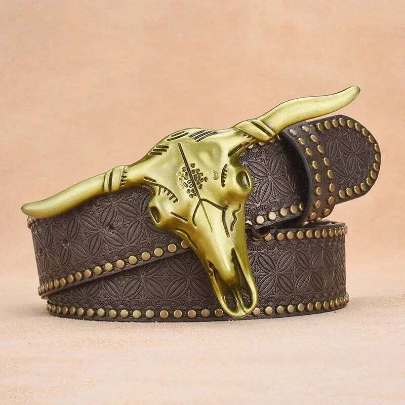 Fashion Punk Cow Head Buckle Belts for Men Solid Color Embossed Western Denim Rivet Decoration Waist Belt Clothing Accessories Y260225