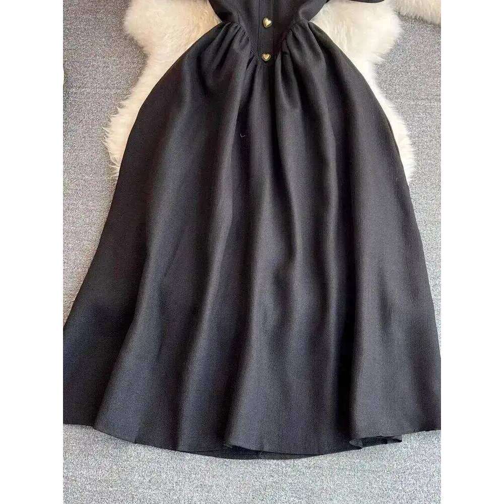 Summer Autumn Black Sundress Short Midi Party Dress Women Elegant Puff Sleeve Heart Buttons Evening Long Vestidos Quality XJ260225
