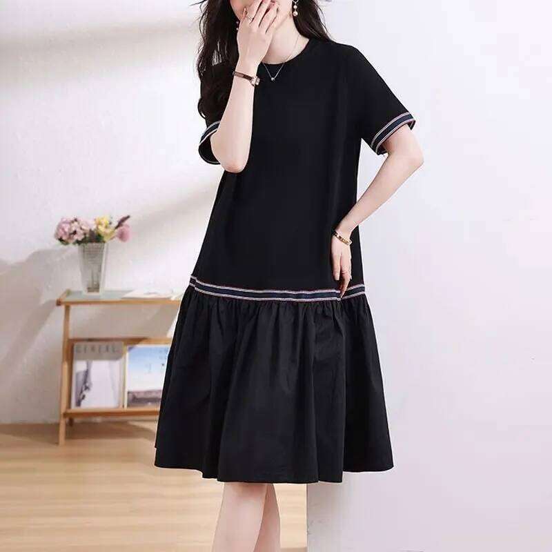 Basic Casual Loose Dresses Stylish Bright Line Decoration Summer Short Sleeve Female Clothing A-Line Korean Spliced Midi Dress XJ260225