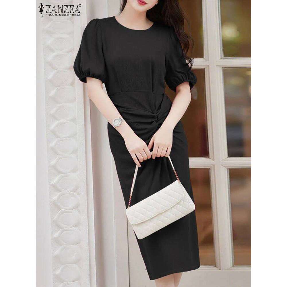 ZANZEA 2025 Women Pleated Dress Fashion Short Sleeve Sundress Elegant Office Work Vestidos Casual Loose Mid-Calf Robe Femme XJ260225