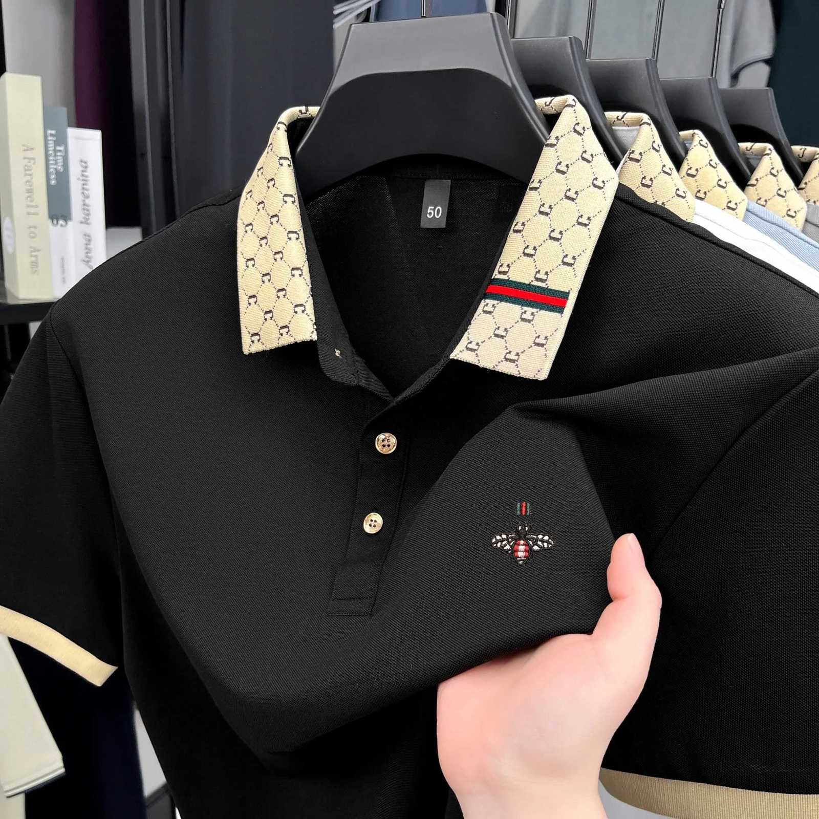 Bee Embroidered Polo Shirt with Contrast Collar and Breathable Pique Fabric for Casual Daily WearT260225