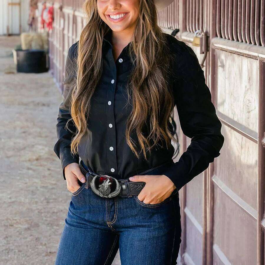 Western men's denim wolf head red moon belt buckle hip-hop personality retro style unisex matching jeans/ca Y260225