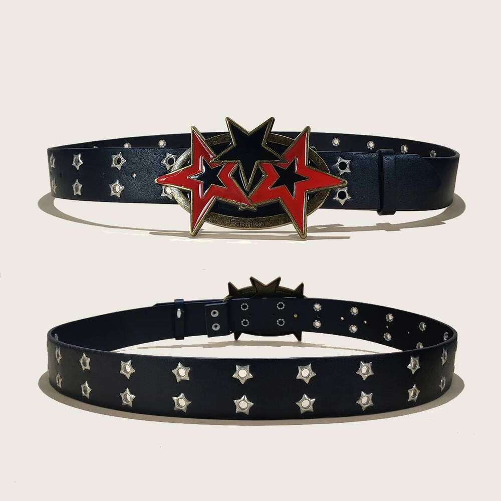 Men's Y2K Punk Fashion Red Six-pointed Star Buckle Gothic Accessories Versatile Jeans Leather for Woman Wide Plus Size Belt Y260225