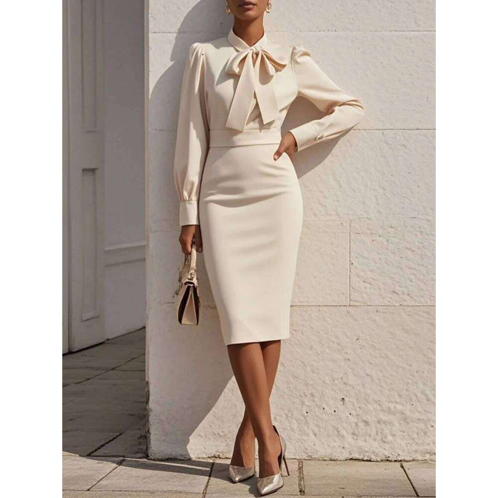 Women's Solid Color Bow Neck Long Sleeve Waisted Midi Dress XJ260225
