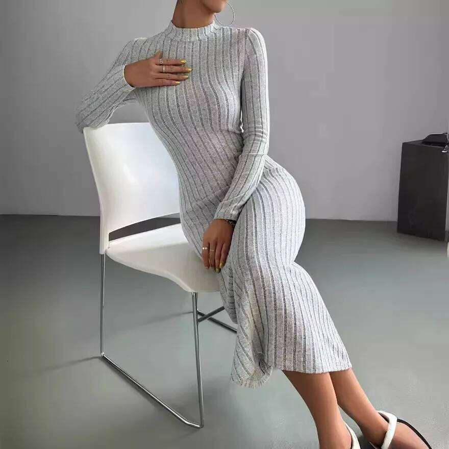 Women's 2024 autumn new casual mid length dress, European and American slim fit solid color knitted long sleeved dress XJ260225