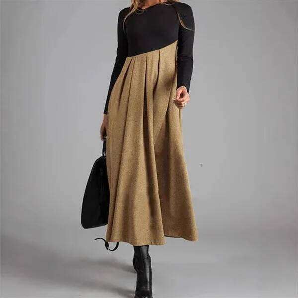 Female Clothing Dresses For Woman 2026 Spring New Woolen Contrast Color V-Neck Sleeve Splicing Swing Long Dress Robe XJ260225