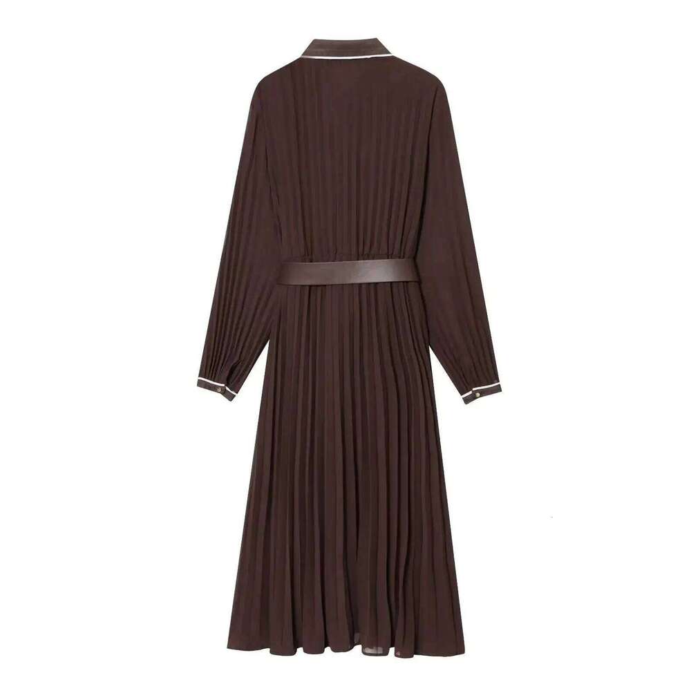 2025 Spring Autumn Women's Elegant Brown Shirt-style Midi Dresses Belt Lady Vintage Lapels Long Sleeve Pleated Buttons Maxi Robe XJ260225