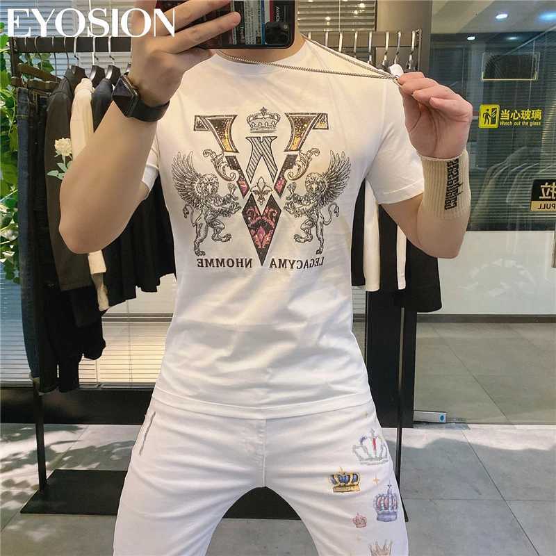 Men's Lion V-letter Rhinestone T-shirt Summer Cotton Casual Short Sleeve Plus SizeT260225