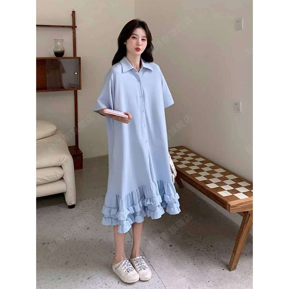 Women Plus Size Casual Summer Spring Short Sleeve Loose Solid Midi Dress Polo Neck Pleated Korean Female Clothing XJ260225