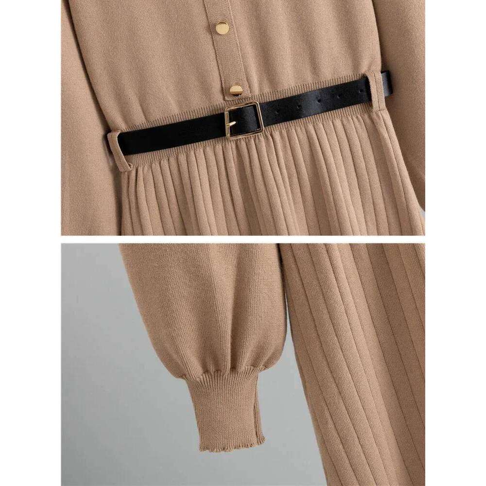 Elegant New Knit A-lined Slim Dress With Belt Korean Design Polo Neck Knitwears Solid Vestidos Fall Winter Long Sleeve Dresses XJ260225