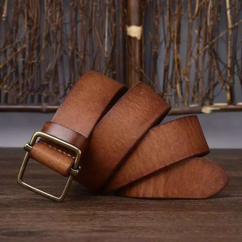 3.8CM No Hole Men's Thick Genuine Leather Strap Copper Buckle Cowhide Casual Jeans High Quality Retro Luxury Male Belt Y260225