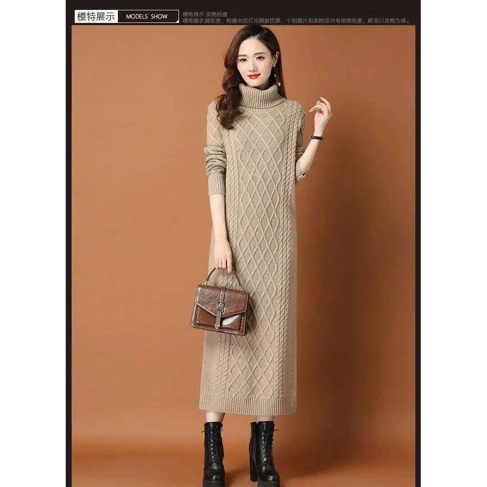 Female High Neck Long Sweater Women Thickened Autumn Winter 2024 New Loose Outer Wear Twist Base Femme Knit Dress Elegant XJ260225