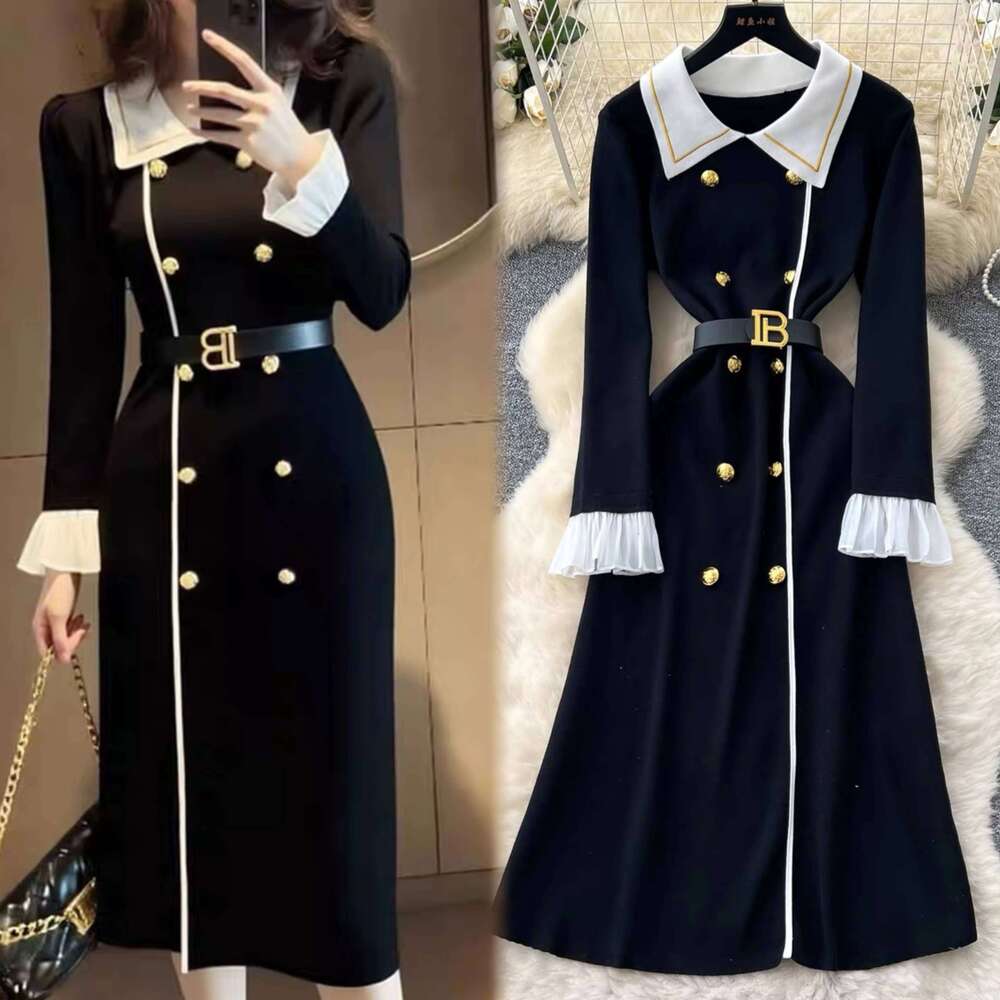 YuooMuoo Brand Fashion Aesthetic Knitted Long Autumn Winter Women Elegant Double-breasted Shirt Sweater Dress Lady Vestido XJ260225