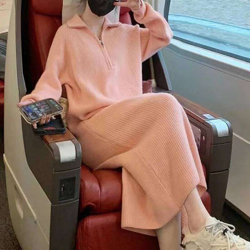 Autumn Winter Women's Zipper Lapel Knitted Dress High Necked Woolen Straight Long Sleeved Bottom Dresses XJ260225