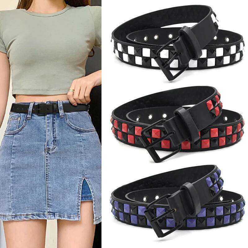Purple Rivet Punk Women's Belt Hip Hop Y2k Jeans Accessories Girdle Fashion Trend Pu Leather Pin Buckle Waistband Unisex Y260225