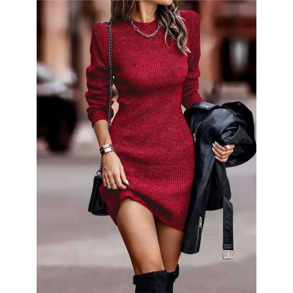 Autumn And Winter Round-neck Long-sleeved Hip-wrapped Sweater Women's Commuting Temperament Slim Comfortable Casual Dress XJ260225
