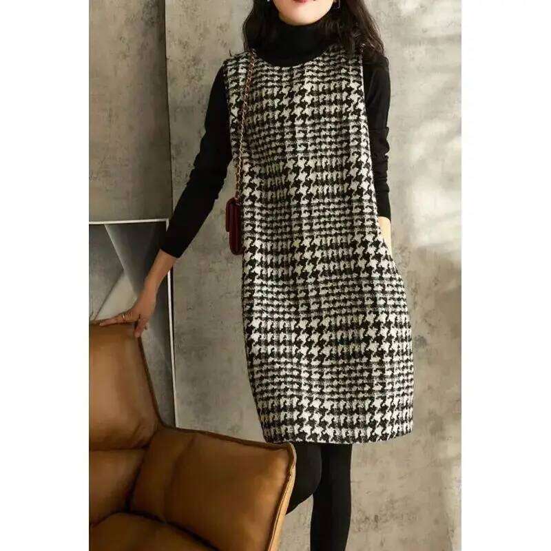 Skirt Women's Autumn Winter New Korean Version Mid Size Black and White Checkered Vest Sleeveless Dress XJ260225