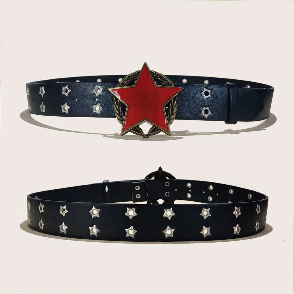 Men's Y2K Punk Fashion Red Six-pointed Star Buckle Gothic Accessories Versatile Jeans Leather for Woman Wide Plus Size Belt Y260225