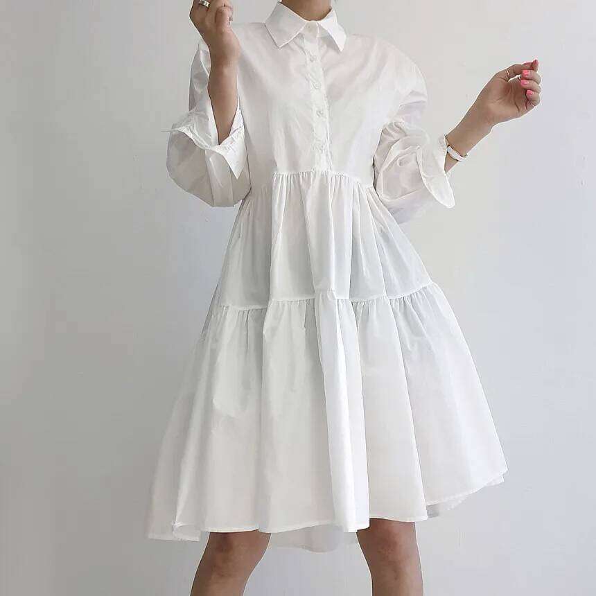 REALEFT Autumn Elegant Lantern Sleeve Women's A-line Shirts Dresses Turn-down Collar Buttons Casual Loose Umbrella Dress Female XJ260225