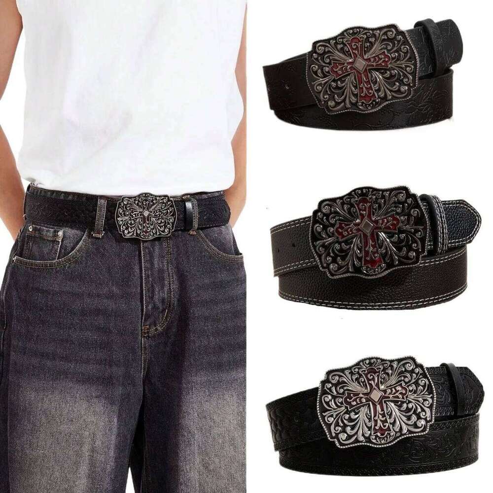 1pc Men's Y2k Punk Petal Cross Buckle Casual Black Belt, A Versatile Decorative Belt Jeans, Suitable for Daily Travel Y260225