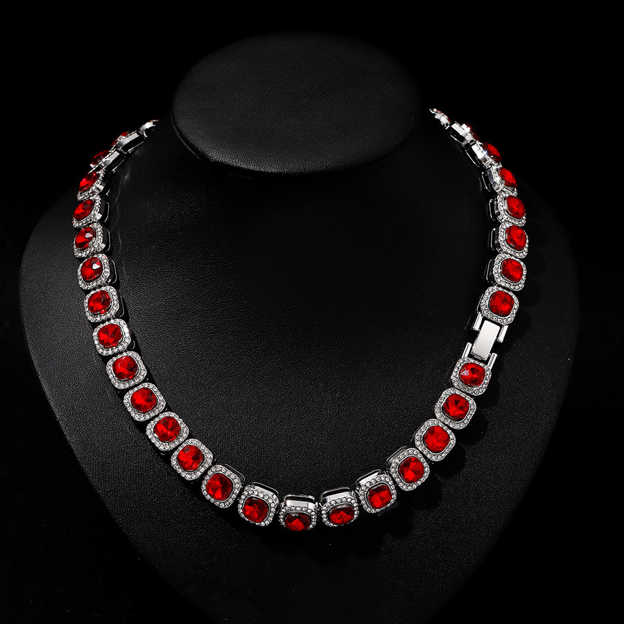 New Hip Hop Red Glass 12mm Cuban Hand Necklace Rock Sugar Chain HipHop Trendy Men's Accessories