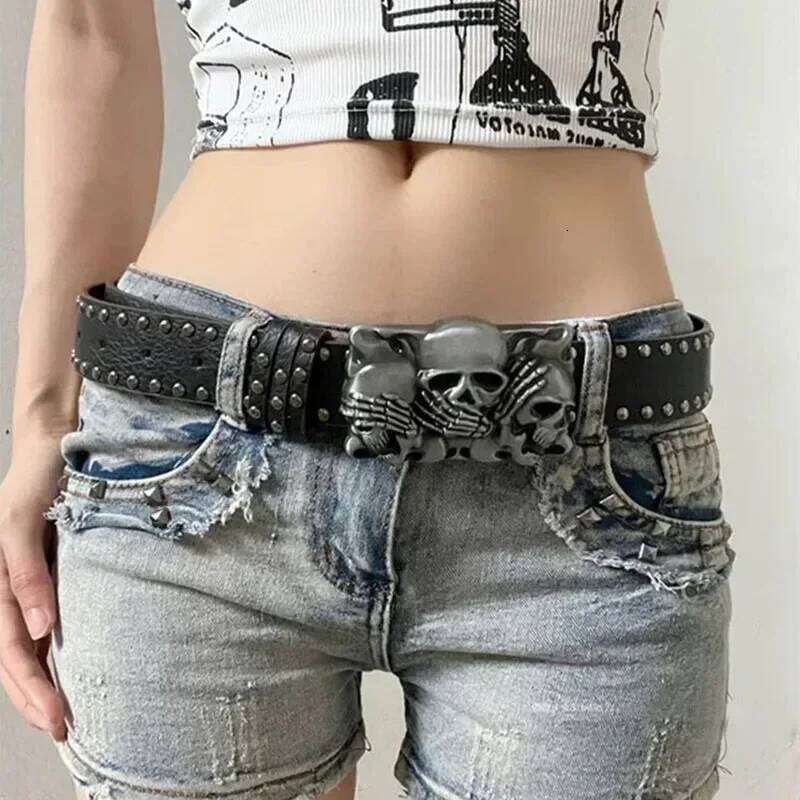 Women's Punk Skull Harajuku Gothic Y2K Rivets Skeleton Hand Decoration Men Girls Leather Belt Halloween Accessories Y260225